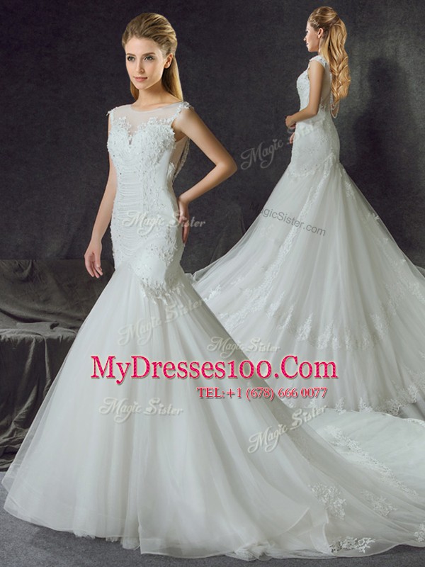 Glamorous Scoop White Mermaid Lace and Appliques Wedding Dress Side Zipper Tulle Sleeveless With Train