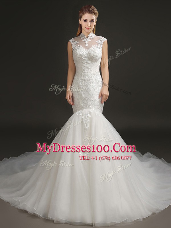 Fine Mermaid White Sleeveless With Train Lace and Appliques Zipper Wedding Gown
