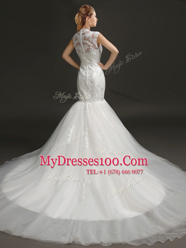Fine Mermaid White Sleeveless With Train Lace and Appliques Zipper Wedding Gown
