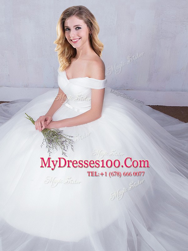 Fashion Off the Shoulder Floor Length Lace Up Wedding Gown White for Wedding Party with Bowknot