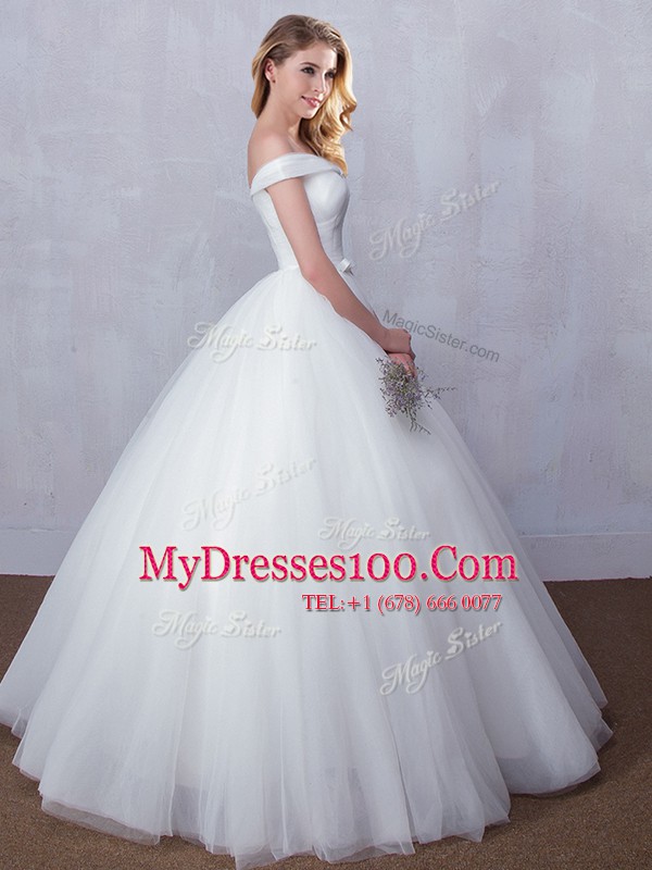 Fashion Off the Shoulder Floor Length Lace Up Wedding Gown White for Wedding Party with Bowknot