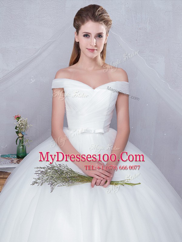 Fashion Off the Shoulder Floor Length Lace Up Wedding Gown White for Wedding Party with Bowknot