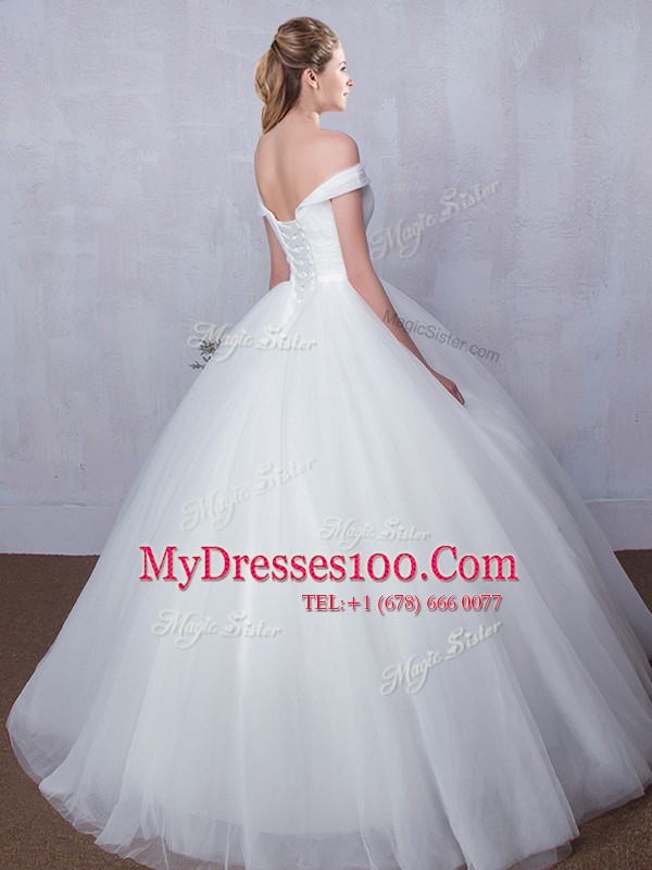 Fashion Off the Shoulder Floor Length Lace Up Wedding Gown White for Wedding Party with Bowknot