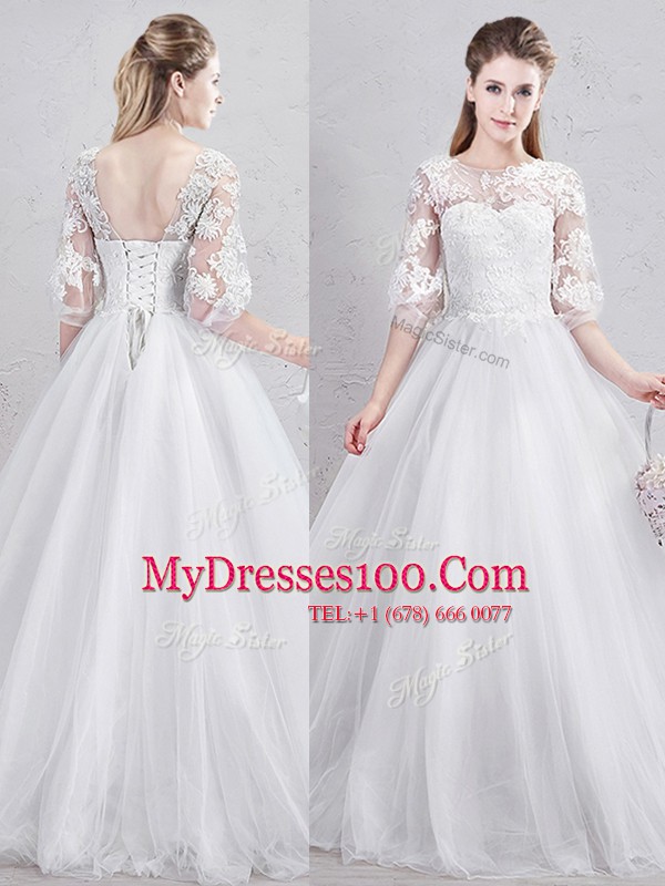 Scoop Half Sleeves Floor Length Lace Up Wedding Gowns White for Wedding Party with Lace and Appliques