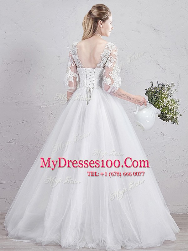 Scoop Half Sleeves Floor Length Lace Up Wedding Gowns White for Wedding Party with Lace and Appliques
