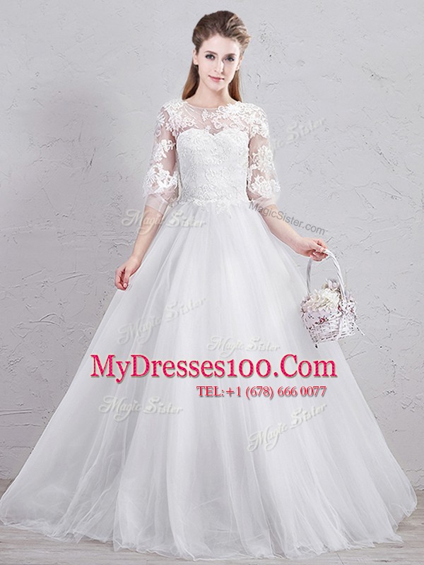 Scoop Half Sleeves Floor Length Lace Up Wedding Gowns White for Wedding Party with Lace and Appliques
