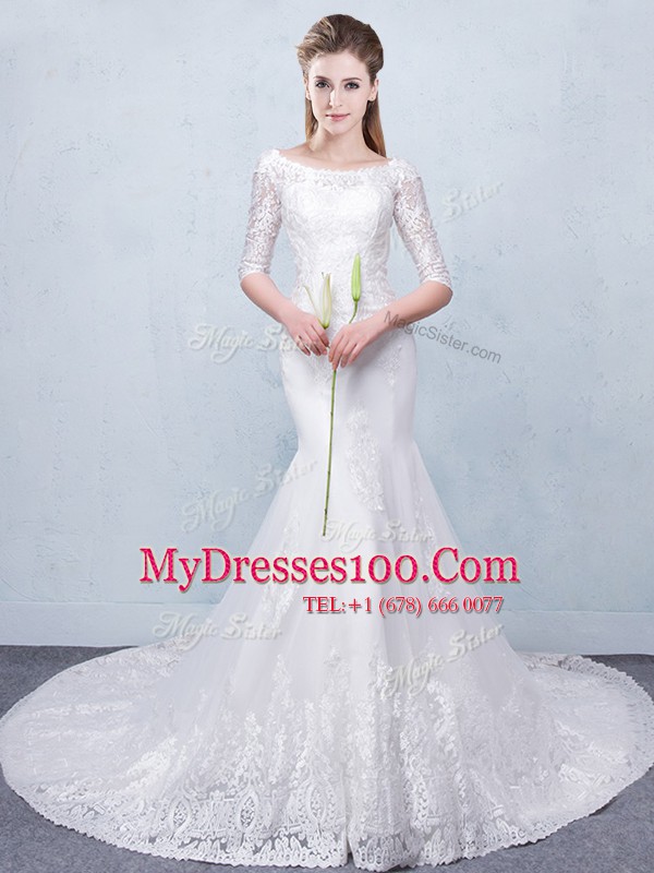 Charming Mermaid Scoop Half Sleeves Court Train Lace Up Wedding Dress White Tulle