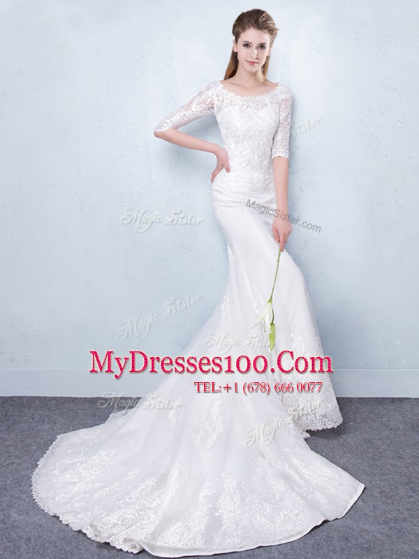 Charming Mermaid Scoop Half Sleeves Court Train Lace Up Wedding Dress White Tulle