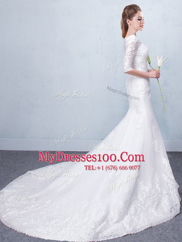 Charming Mermaid Scoop Half Sleeves Court Train Lace Up Wedding Dress White Tulle