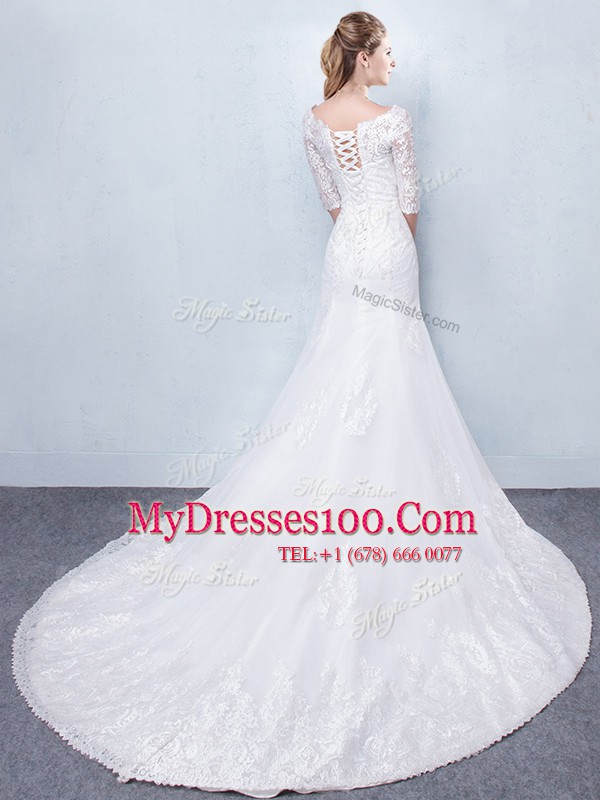 Charming Mermaid Scoop Half Sleeves Court Train Lace Up Wedding Dress White Tulle