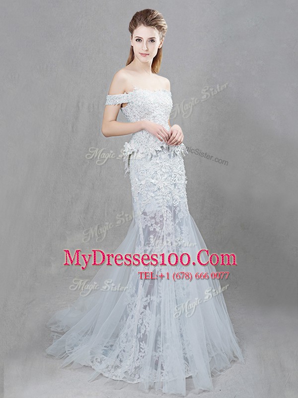 Simple Mermaid Off the Shoulder White Tulle Lace Up Wedding Gown Sleeveless With Brush Train Lace and Appliques