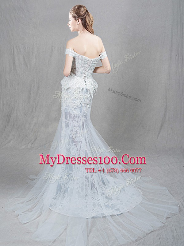 Simple Mermaid Off the Shoulder White Tulle Lace Up Wedding Gown Sleeveless With Brush Train Lace and Appliques