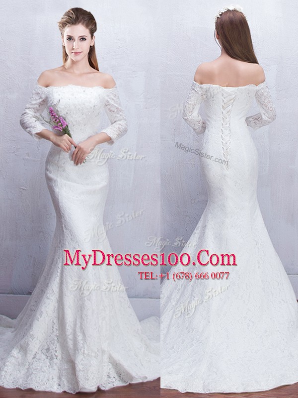 Dramatic Mermaid Off The Shoulder 3 4 Length Sleeve Lace Bridal Gown Lace Brush Train Lace Up