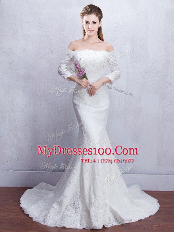 Dramatic Mermaid Off The Shoulder 3 4 Length Sleeve Lace Bridal Gown Lace Brush Train Lace Up