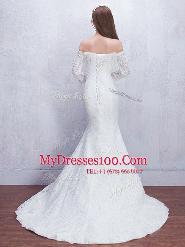 Dramatic Mermaid Off The Shoulder 3 4 Length Sleeve Lace Bridal Gown Lace Brush Train Lace Up