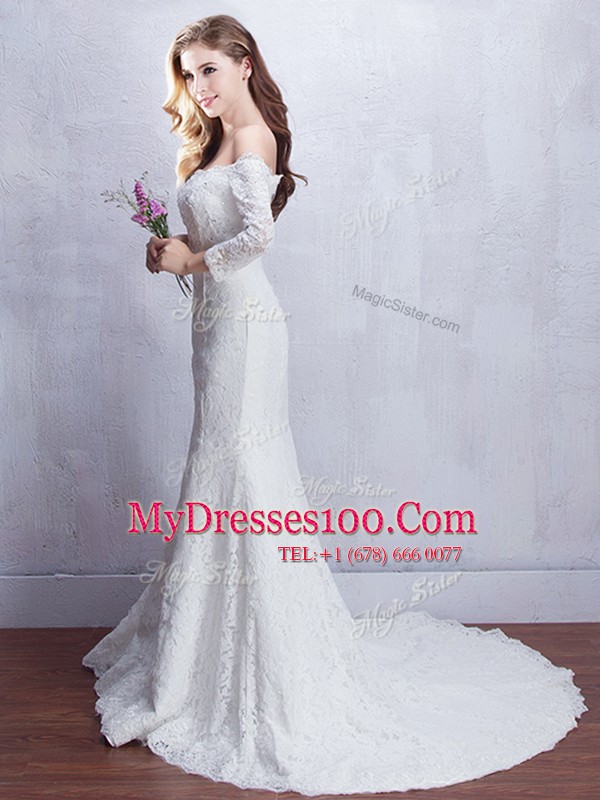 Dramatic Mermaid Off The Shoulder 3 4 Length Sleeve Lace Bridal Gown Lace Brush Train Lace Up