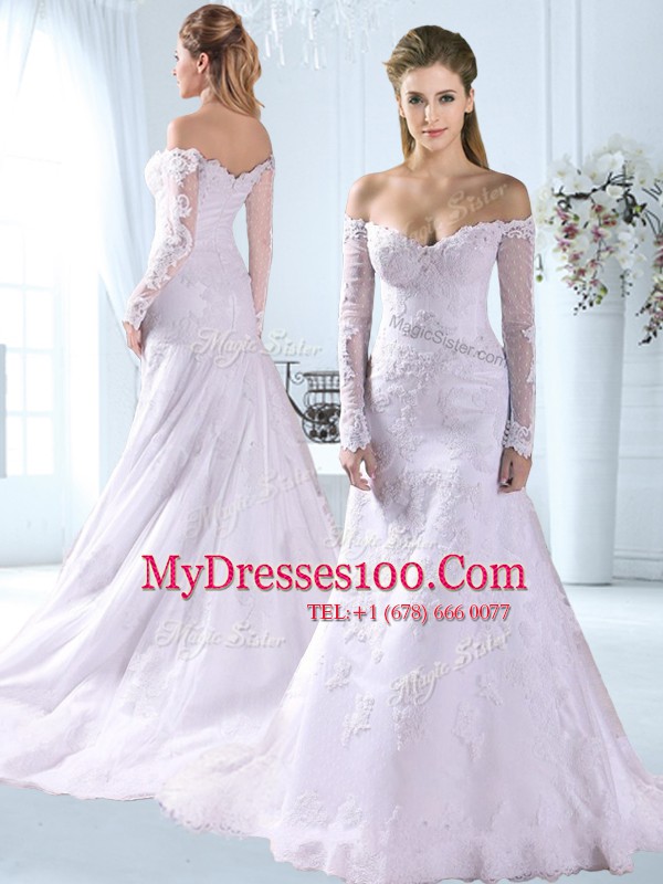 Artistic White Bridal Gown Wedding Party and For with Appliques Off The Shoulder Long Sleeves Brush Train Zipper