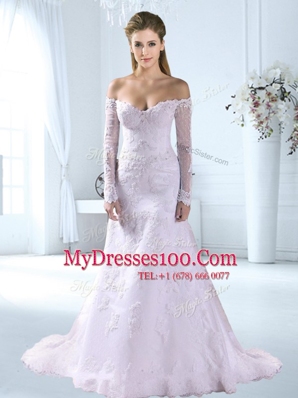 Artistic White Bridal Gown Wedding Party and For with Appliques Off The Shoulder Long Sleeves Brush Train Zipper