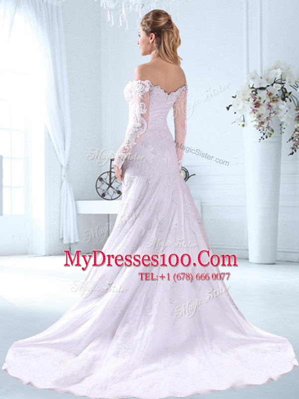 Artistic White Bridal Gown Wedding Party and For with Appliques Off The Shoulder Long Sleeves Brush Train Zipper