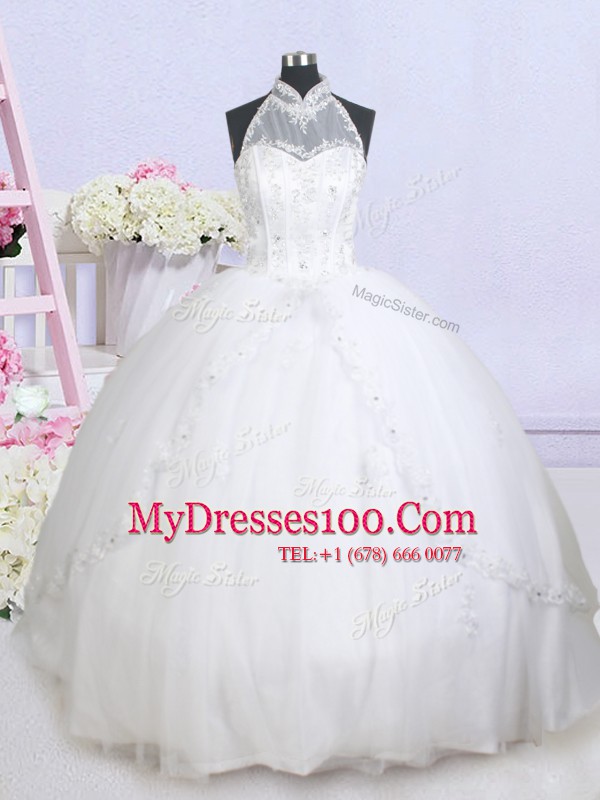 Charming White Ball Gowns Tulle Halter Top Sleeveless Beading and Appliques With Train Lace Up Wedding Gowns Brush Train