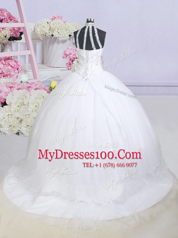 Charming White Ball Gowns Tulle Halter Top Sleeveless Beading and Appliques With Train Lace Up Wedding Gowns Brush Train