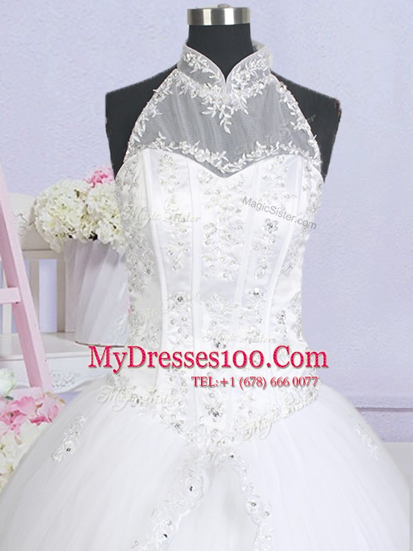 Charming White Ball Gowns Tulle Halter Top Sleeveless Beading and Appliques With Train Lace Up Wedding Gowns Brush Train