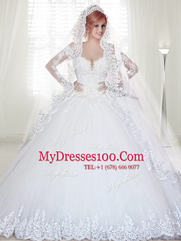 Spectacular Off The Shoulder Long Sleeves Chapel Train Zipper Bridal Gown White Tulle