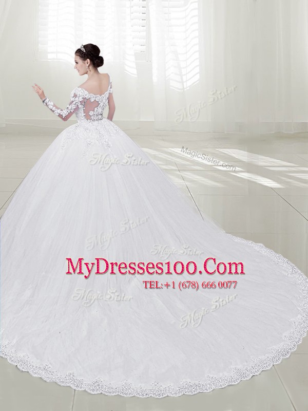 Spectacular Off The Shoulder Long Sleeves Chapel Train Zipper Bridal Gown White Tulle