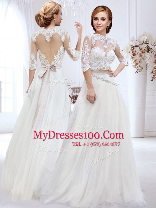 Sweetheart Shape Back White Half Sleeves Lace and Belt Floor Length Bridal Gown