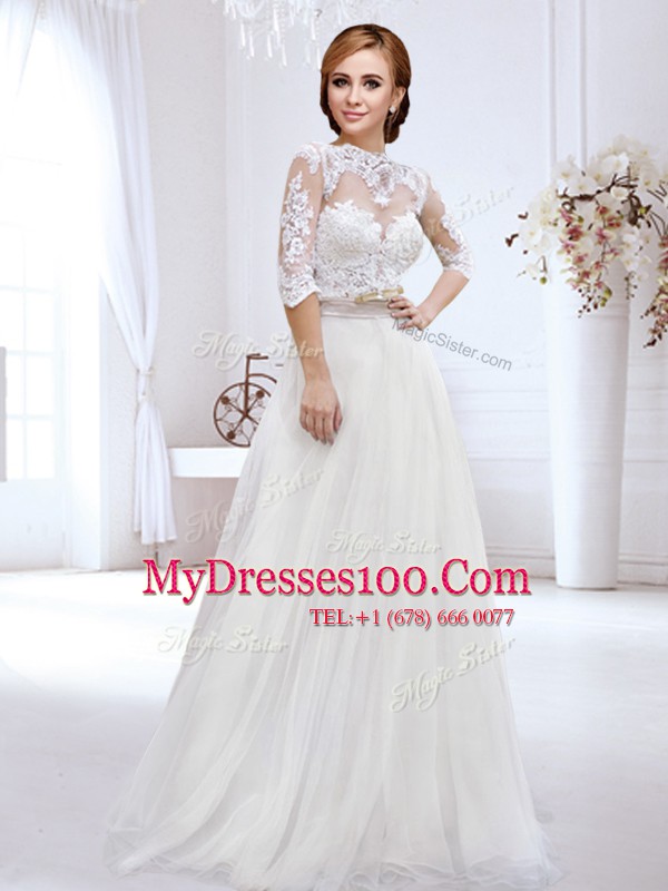 Sweetheart Shape Back White Half Sleeves Lace and Belt Floor Length Bridal Gown