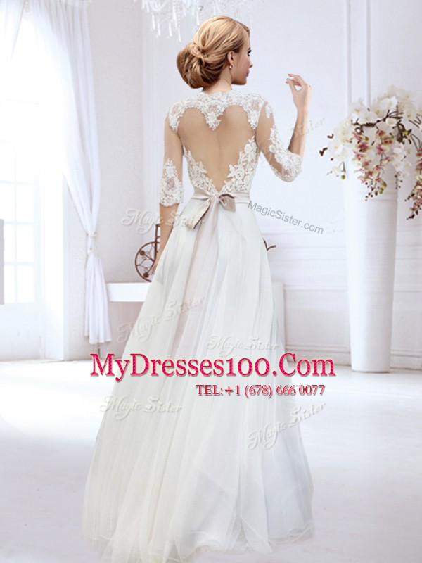 Sweetheart Shape Back White Half Sleeves Lace and Belt Floor Length Bridal Gown