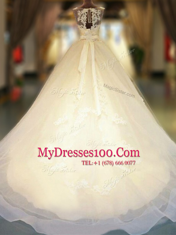 White Wedding Gown Wedding Party and For with Appliques and Bowknot Bateau Sleeveless Court Train Backless