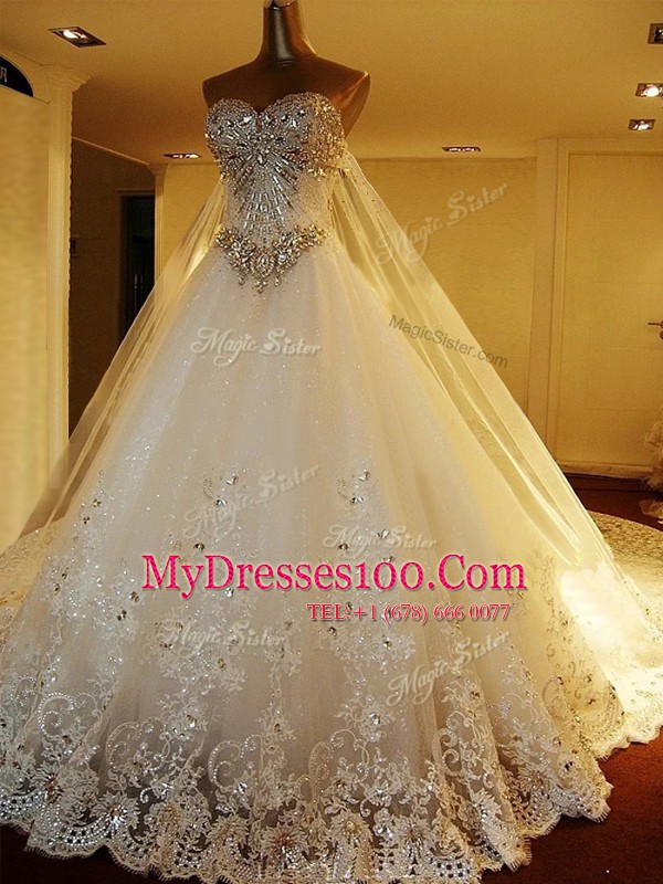 Comfortable White Sleeveless Chapel Train Beading and Appliques With Train Wedding Gowns