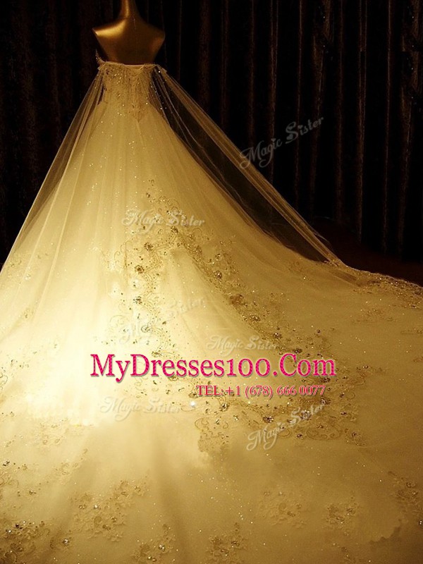Comfortable White Sleeveless Chapel Train Beading and Appliques With Train Wedding Gowns