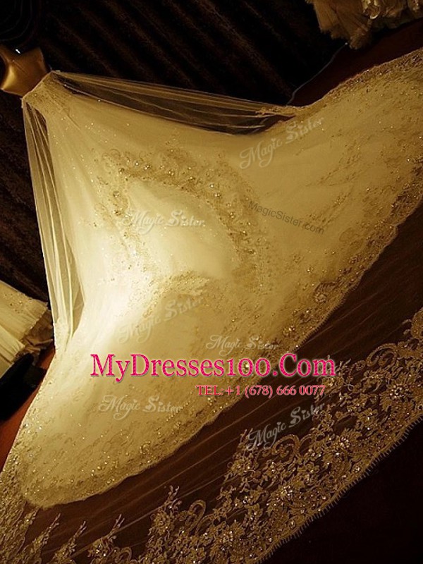 Comfortable White Sleeveless Chapel Train Beading and Appliques With Train Wedding Gowns
