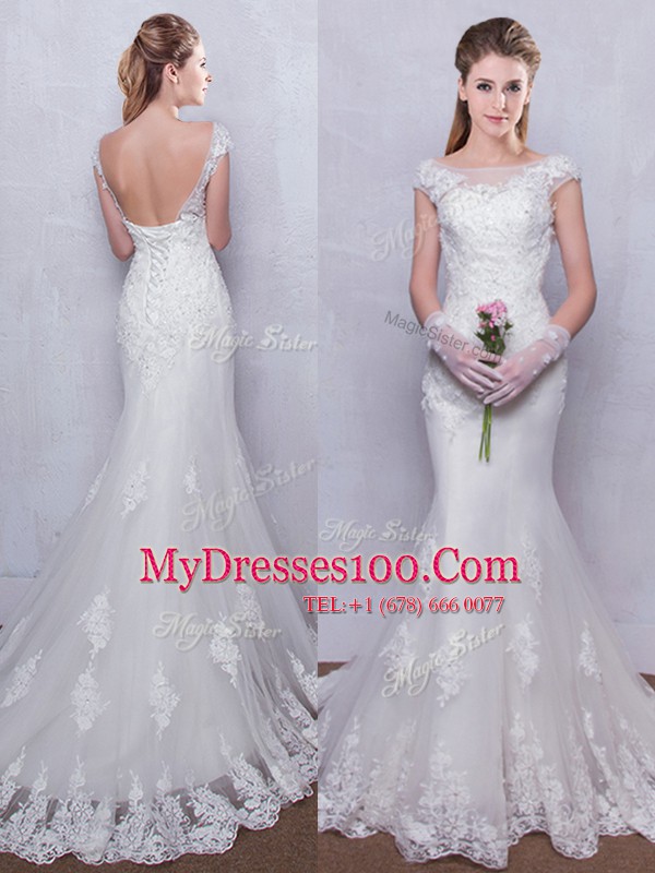 Vintage Mermaid White Scoop Backless Lace Wedding Gowns Brush Train Cap Sleeves