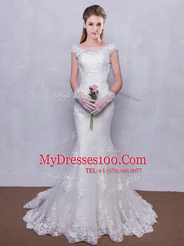 Vintage Mermaid White Scoop Backless Lace Wedding Gowns Brush Train Cap Sleeves
