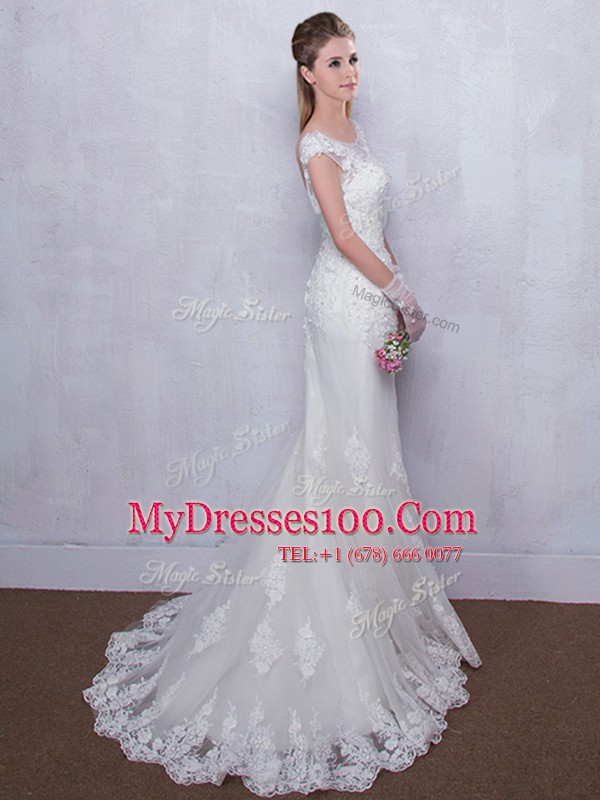 Vintage Mermaid White Scoop Backless Lace Wedding Gowns Brush Train Cap Sleeves