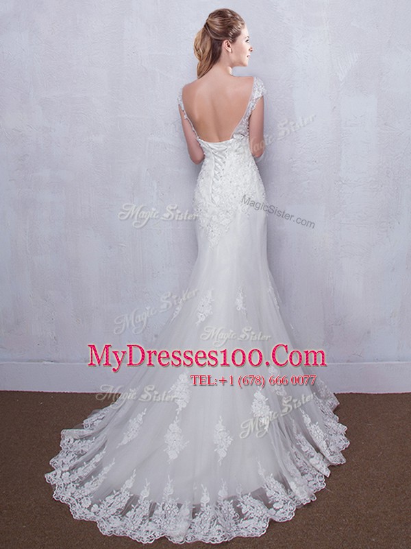 Vintage Mermaid White Scoop Backless Lace Wedding Gowns Brush Train Cap Sleeves
