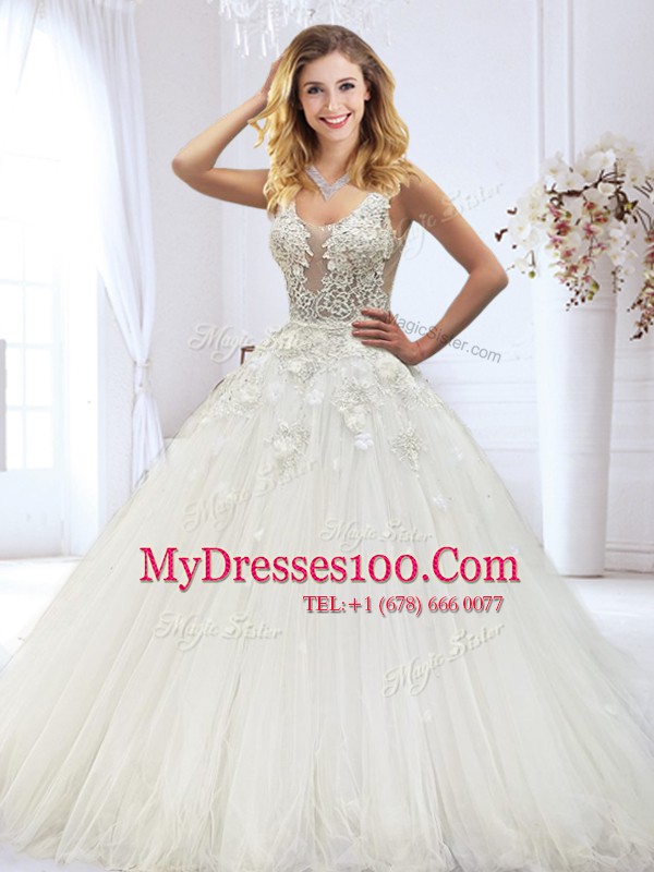 Tulle Scoop Sleeveless Zipper Beading and Lace and Appliques Wedding Dresses in White