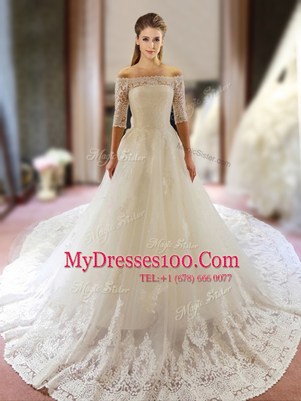 Off the Shoulder Lace and Appliques Wedding Dresses White Zipper Half Sleeves With Train Chapel Train