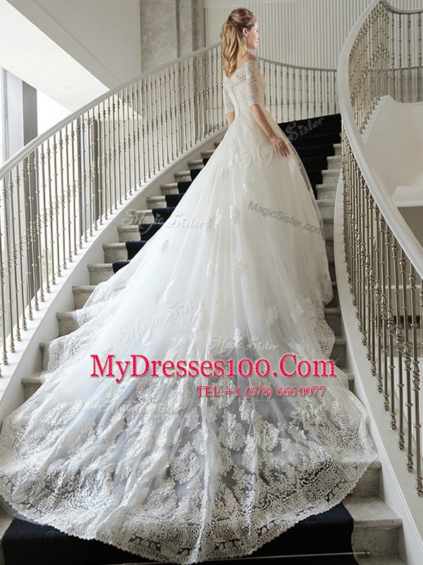 Off the Shoulder Lace and Appliques Wedding Dresses White Zipper Half Sleeves With Train Chapel Train