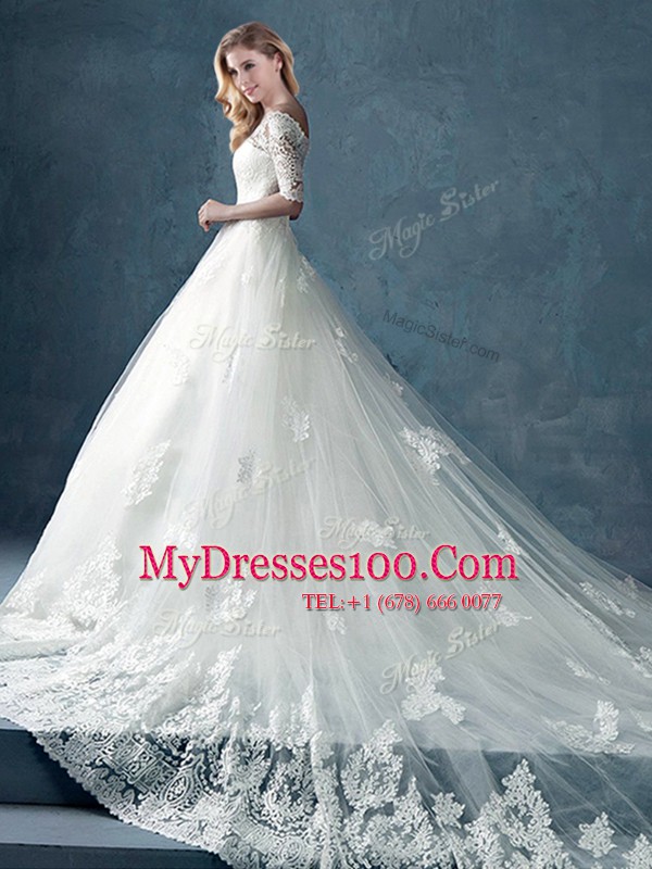 Off the Shoulder Lace and Appliques Wedding Dresses White Zipper Half Sleeves With Train Chapel Train