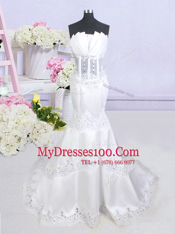 Mermaid See Through White Zipper Wedding Dress Beading and Lace Sleeveless With Brush Train