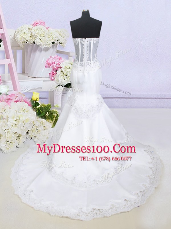 Mermaid See Through White Zipper Wedding Dress Beading and Lace Sleeveless With Brush Train
