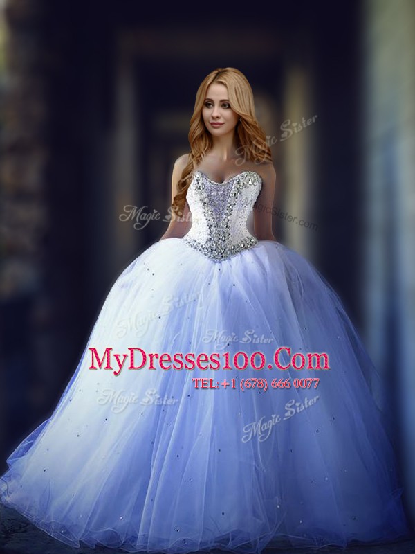 Excellent White Lace Up Sweetheart Beading Wedding Gown Tulle Sleeveless Brush Train