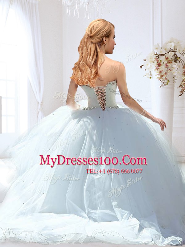 Excellent White Lace Up Sweetheart Beading Wedding Gown Tulle Sleeveless Brush Train