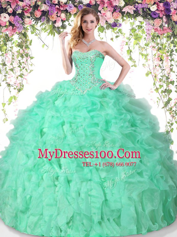 Low Price Floor Length Lace Up Quinceanera Gown Apple Green for Military Ball and Sweet 16 and Quinceanera with Beading and Ruffles
