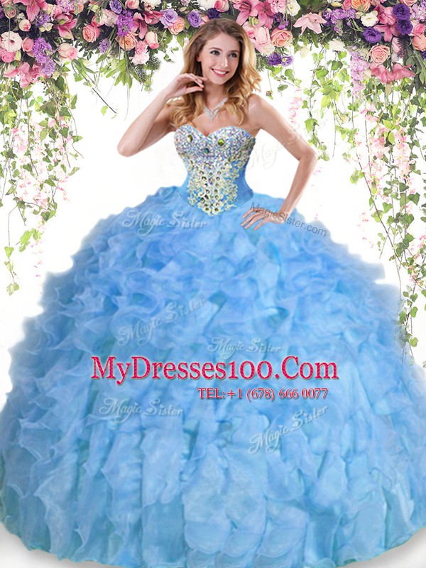 Ideal Organza Sweetheart Sleeveless Lace Up Beading and Ruffles Vestidos de Quinceanera in Baby Blue