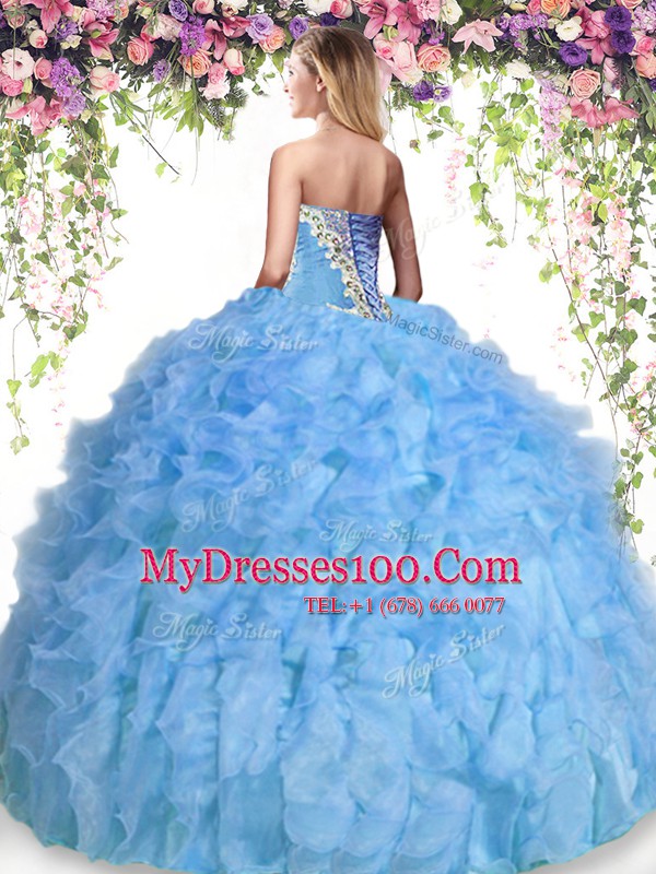 Ideal Organza Sweetheart Sleeveless Lace Up Beading and Ruffles Vestidos de Quinceanera in Baby Blue